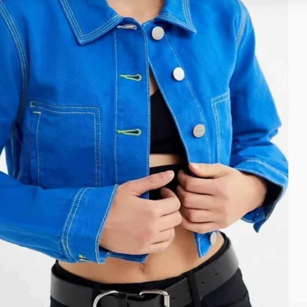 BDG Bright Blue Cropped Jean Jacket Size Small - Picture 4 of 12